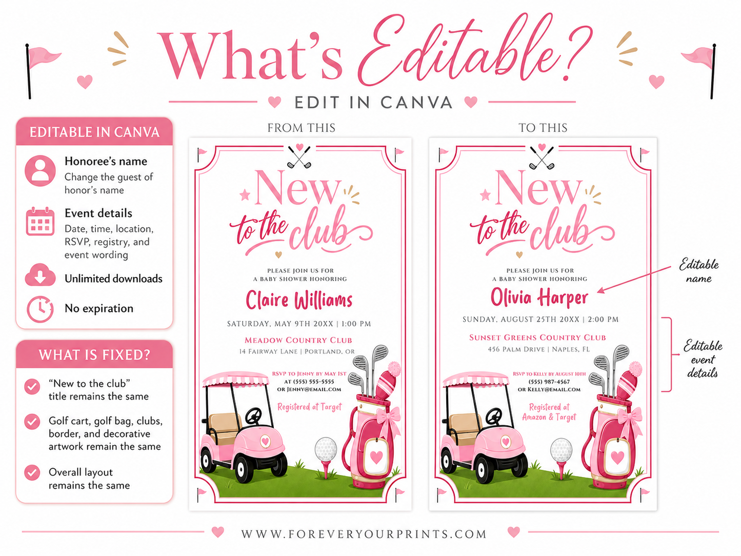 Editable pink golf baby shower invitation Canva template with pink golf cart, hot pink golf bag with bow, crossed clubs, corner pennants, and bold pink typography on a white background