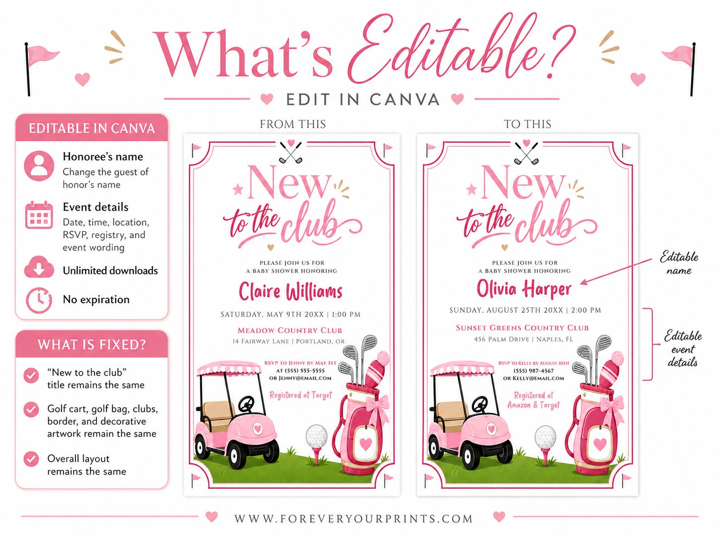 Editable pink golf baby shower invitation Canva template with pink golf cart, hot pink golf bag with bow, crossed clubs, corner pennants, and bold pink typography on a white background