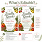 Locally grown baby shower invitation with garden vegetables, fruit, and a farm fresh crate in green, red, and orange