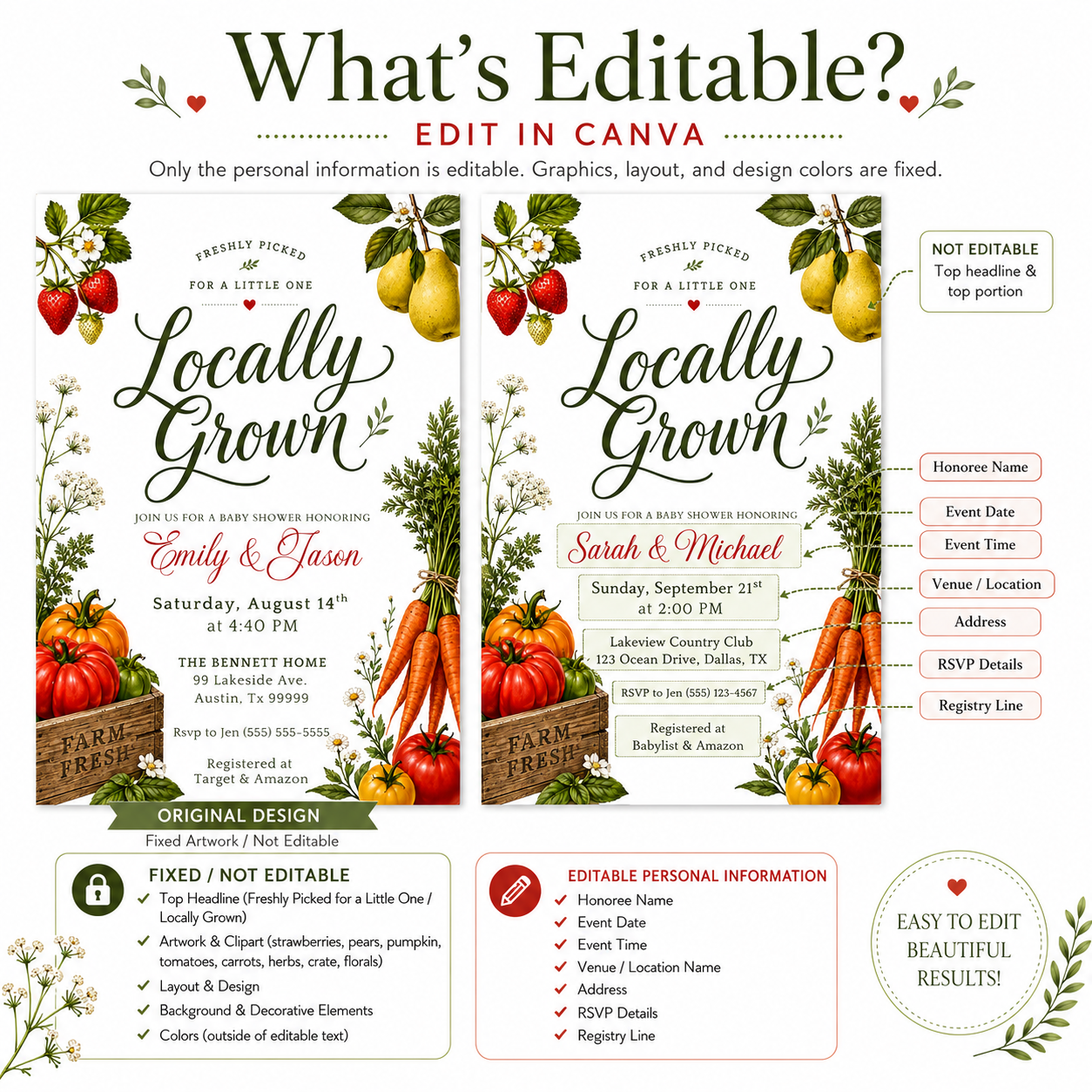 Locally grown baby shower invitation with garden vegetables, fruit, and a farm fresh crate in green, red, and orange