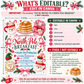 North Pole Breakfast invitation with Santa mugs, stacked pancakes, candy canes, Christmas pajamas, elf hats, pink bows, evergreen sprigs, and festive holiday party details