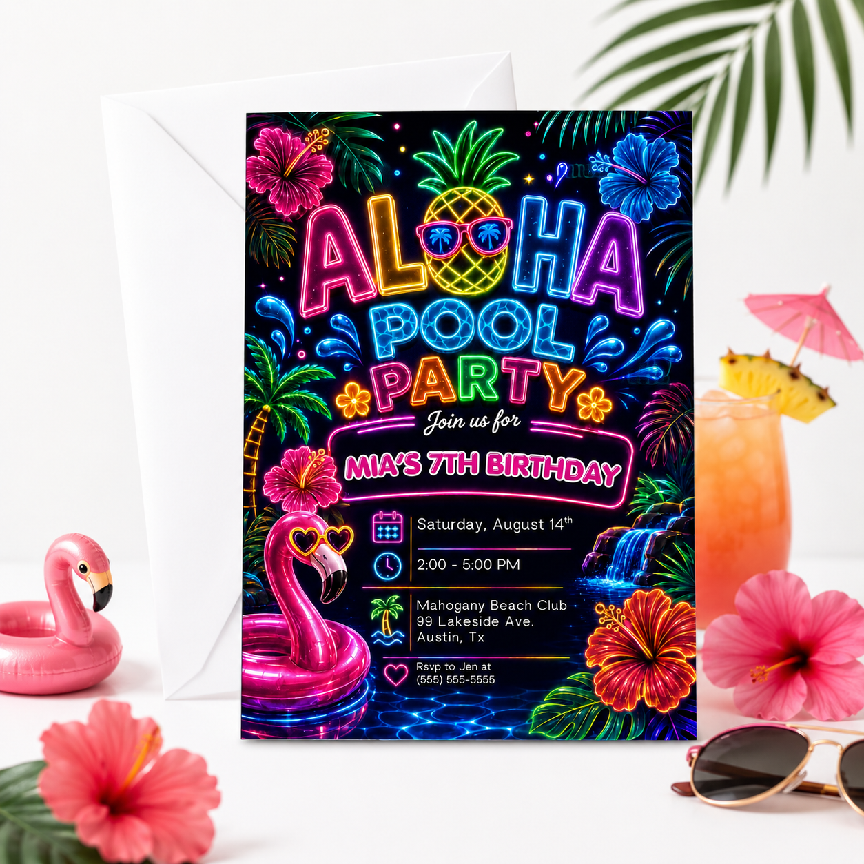 Neon Aloha pool party birthday invitation featuring a glowing pineapple, pink flamingo float, hibiscus flowers, palm trees and colorful tropical lights.
