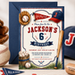 Baseball birthday invitation featuring a glove, baseballs, bat, cap, pennant flag, home plate design and red and navy sports details.
