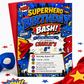 Superhero birthday invitation featuring a bold comic book design with POW, BAM and ZOOM graphics, city skyline, cape, mask, stars and lightning bolts.
