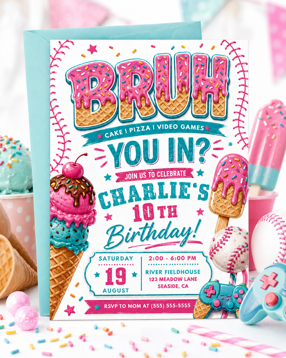 Bruh you in birthday invitation with ice cream cone, cake, baseball, video game controller, waffle letters, sprinkles, and teal pink party details