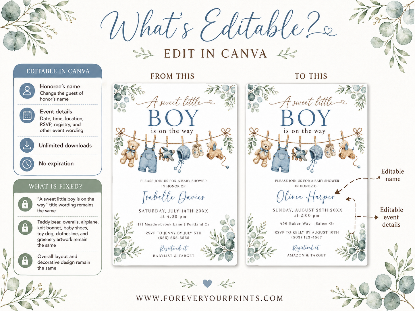 Editable boy baby shower invitation Canva template with watercolour clothesline scene featuring denim overalls, knit bonnet, booties, toy airplane, wooden pull dog, and teddy bear with eucalyptus border on a white background