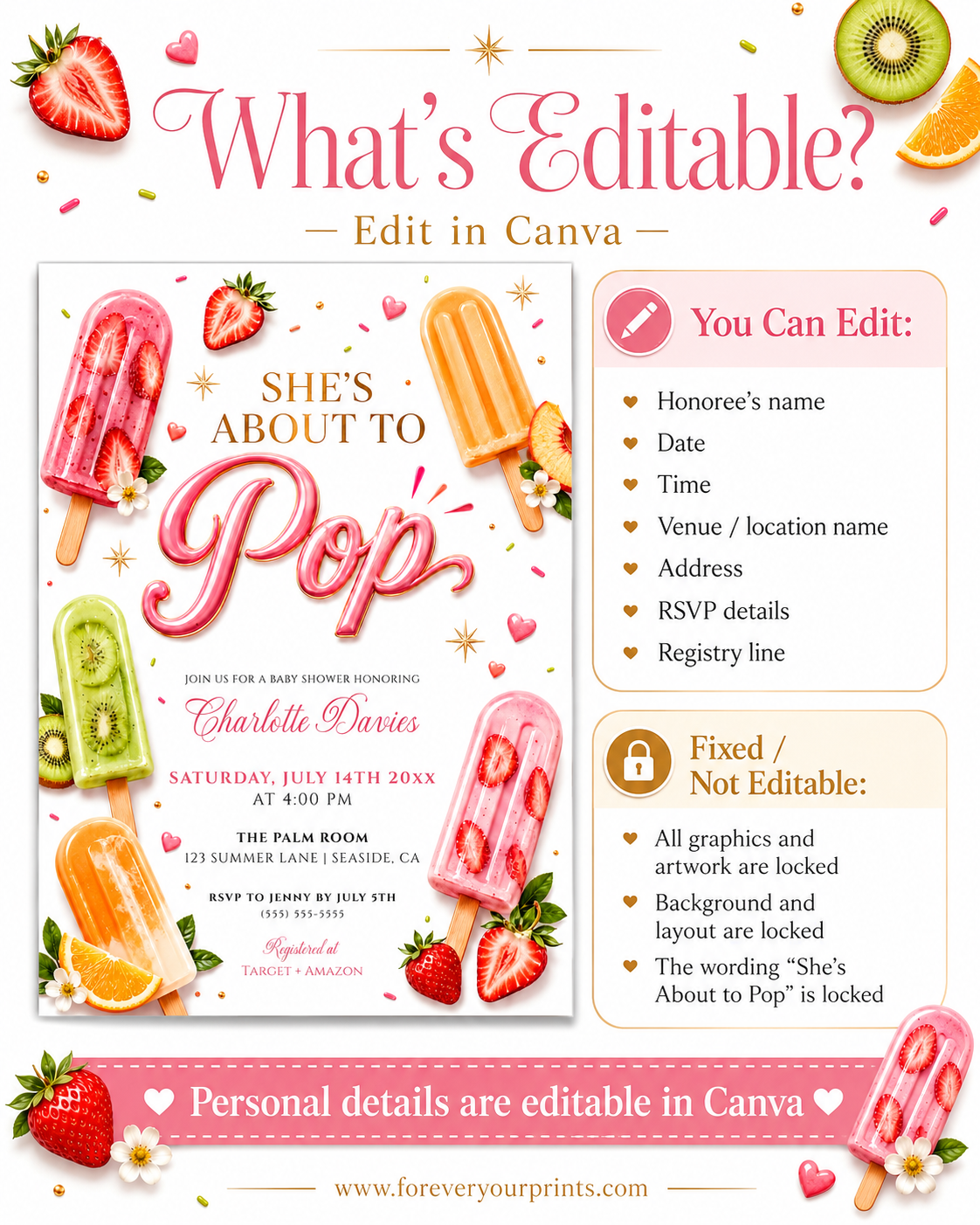 Popsicle baby shower invitation with fruit ice pops and strawberries in pink, green, and orange