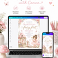 Fairy first birthday invitation with pink fairy, mushroom cottage, butterflies, flowers, bunny, and whimsical woodland birthday party details