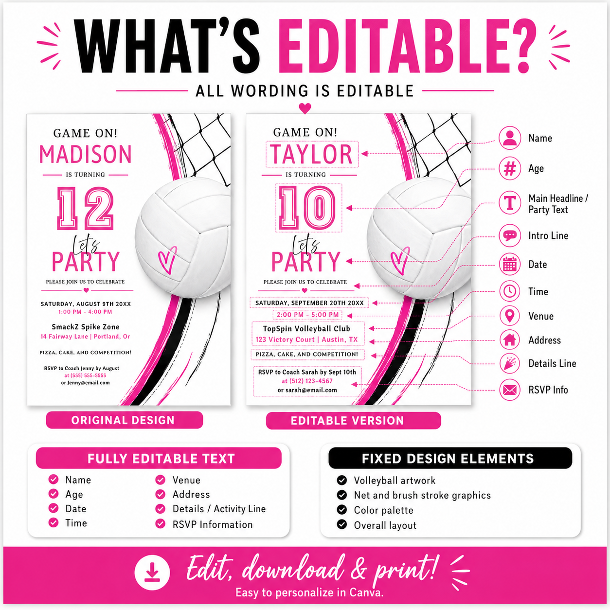 Volleyball girl birthday invitation with a volleyball and net in bold pink, black, and white