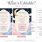 Twinkle twinkle little star gender reveal invitation with a moon, gold stars, and pink and blue clouds