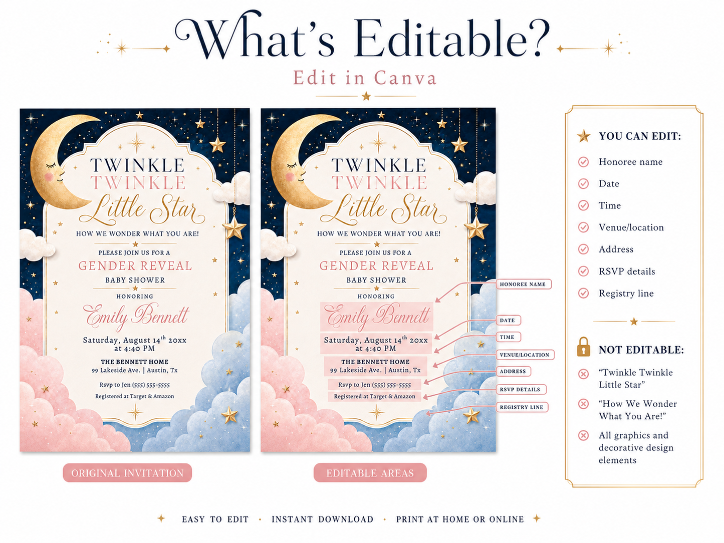 Twinkle twinkle little star gender reveal invitation with a moon, gold stars, and pink and blue clouds