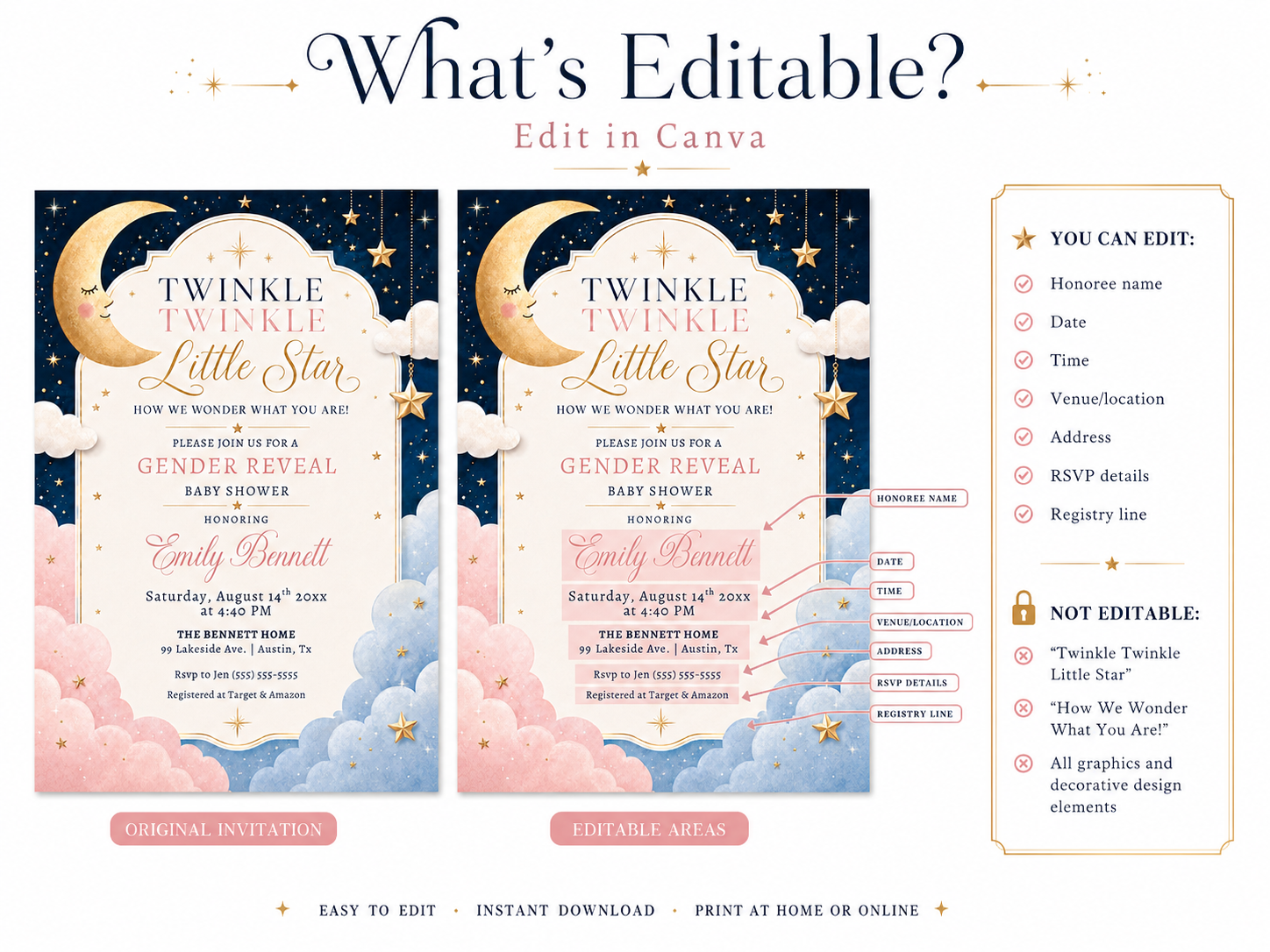 Twinkle twinkle little star gender reveal invitation with a moon, gold stars, and pink and blue clouds