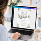 Editable boy baby shower invitation Canva template with watercolour clothesline scene featuring denim overalls, knit bonnet, booties, toy airplane, wooden pull dog, and teddy bear with eucalyptus border on a white background