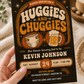 Huggies and Chuggies baby shower invitation with diaper, beer mug, retro typography, orange and cream colors, and vintage man shower party details