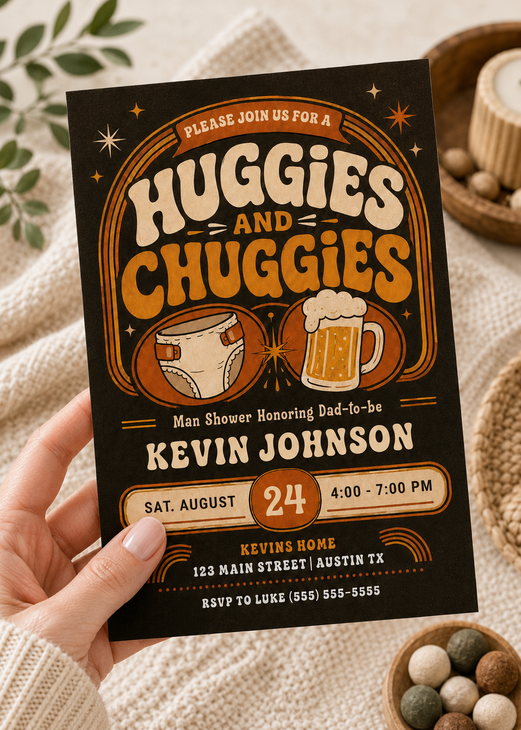 Huggies and Chuggies baby shower invitation with diaper, beer mug, retro typography, orange and cream colors, and vintage man shower party details