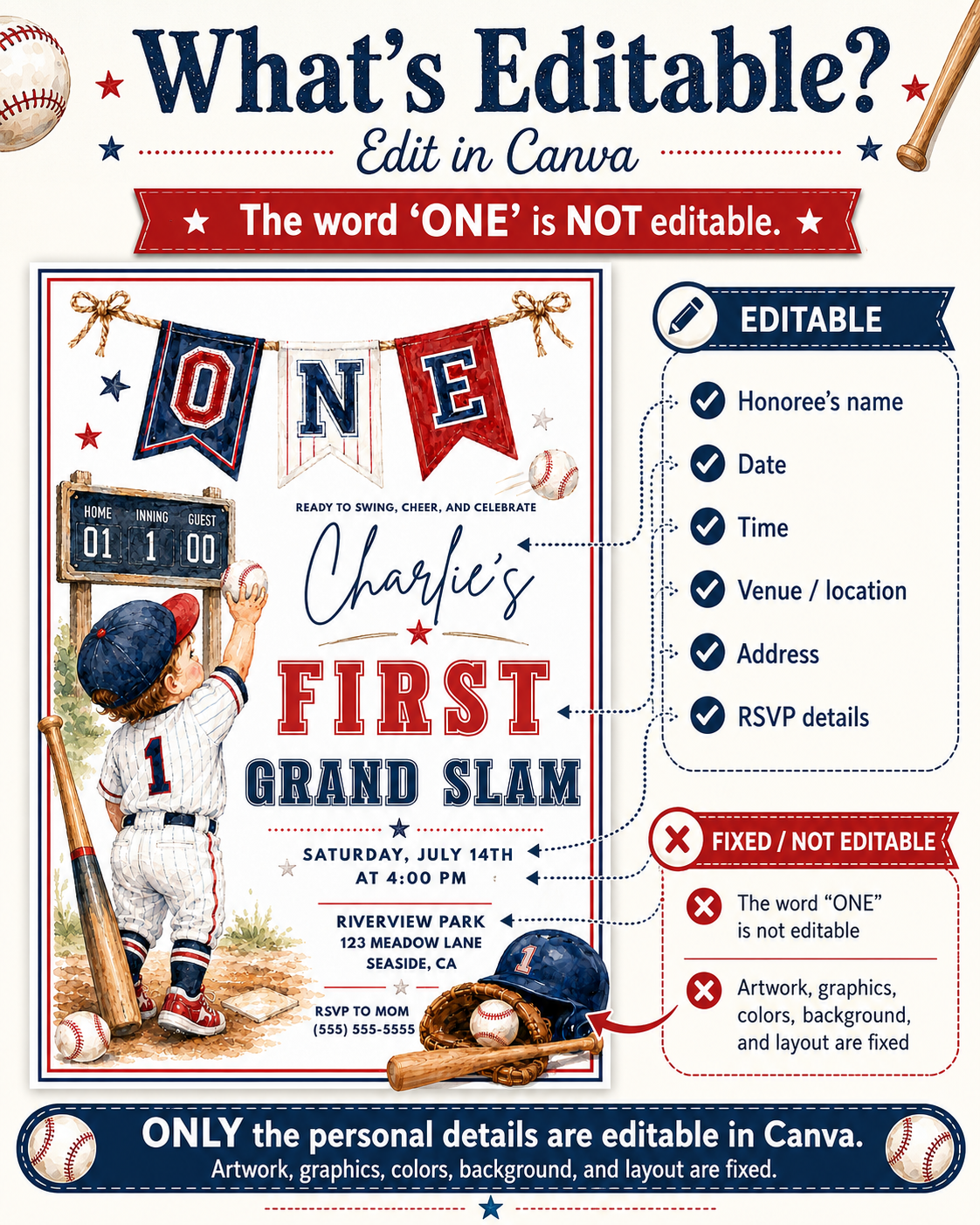 Baseball first birthday invitation featuring a little boy in a baseball uniform, ONE banner, scoreboard, bat, glove, helmet and red and navy details.
