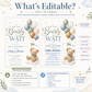We can bearly wait baby shower invitation with a teddy bear and balloons in sage green, dusty blue, and gold