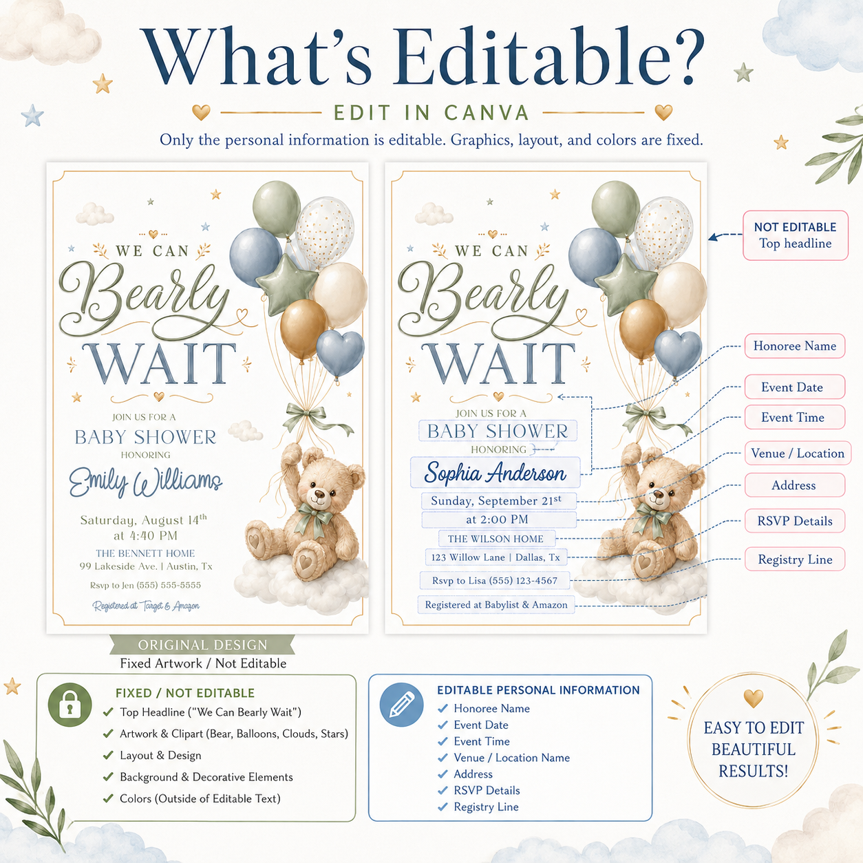 We can bearly wait baby shower invitation with a teddy bear and balloons in sage green, dusty blue, and gold