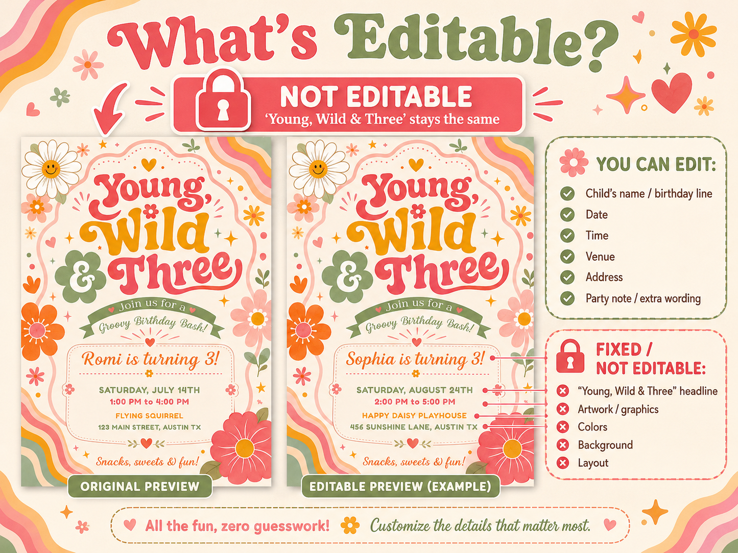 Young wild and three birthday invitation with groovy retro lettering, colorful flowers, rainbow waves, hearts, stars, and boho pink orange sage details