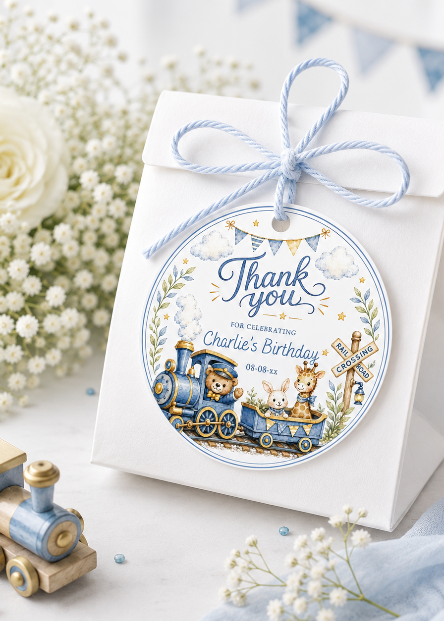 Round train birthday thank you sticker with a teddy bear conductor, giraffe, and bunny in soft blue and gold
