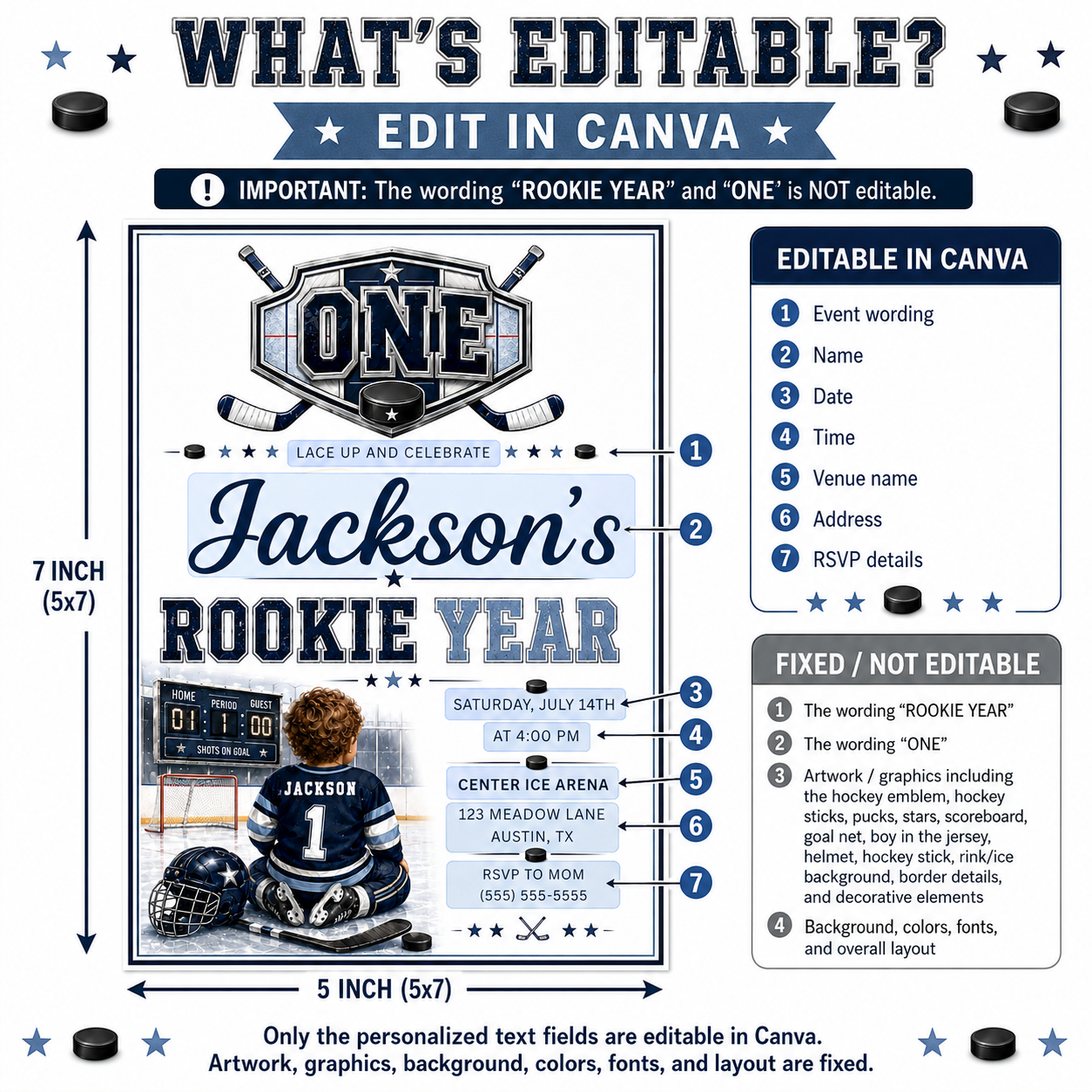 Rookie Year first birthday invitation with little hockey player, ice rink, scoreboard, helmet, hockey sticks, puck, and navy blue birthday party details