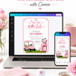 Editable pink golf baby shower invitation Canva template with pink golf cart, hot pink golf bag with bow, crossed clubs, corner pennants, and bold pink typography on a white background