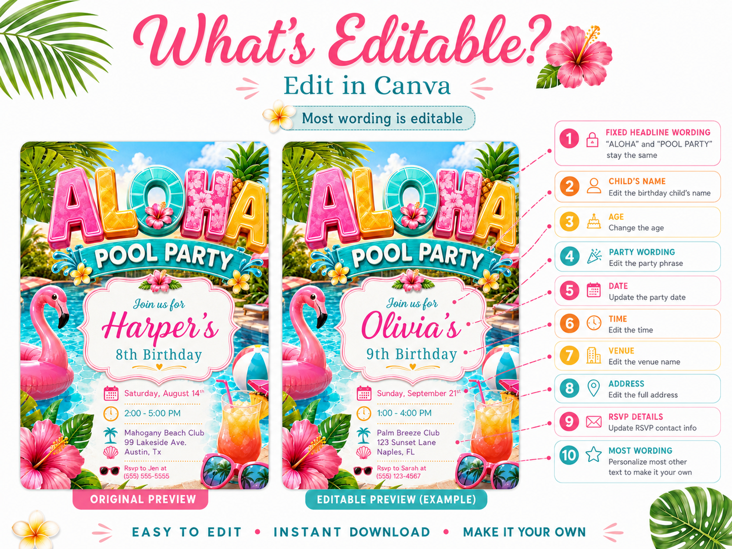 Aloha pool party birthday invitation featuring a tropical swimming pool, pink flamingo float, hibiscus flowers, beach ball, sunglasses and fruit drink.
