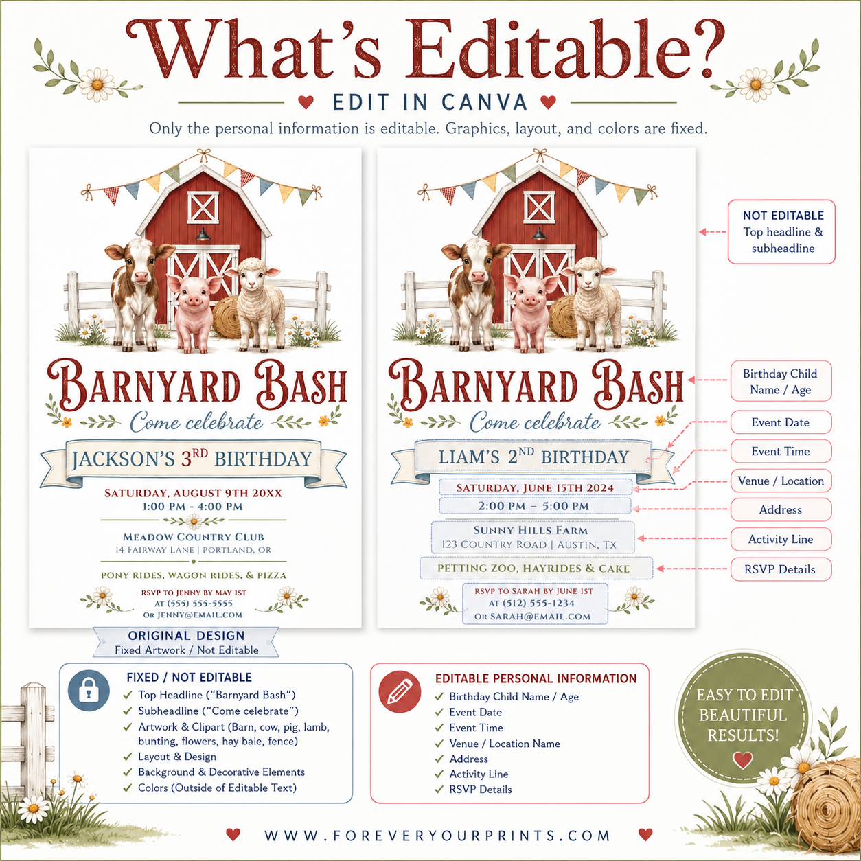 Barnyard bash farm birthday invitation with a red barn, calf, pig, and lamb in red, blue, and green