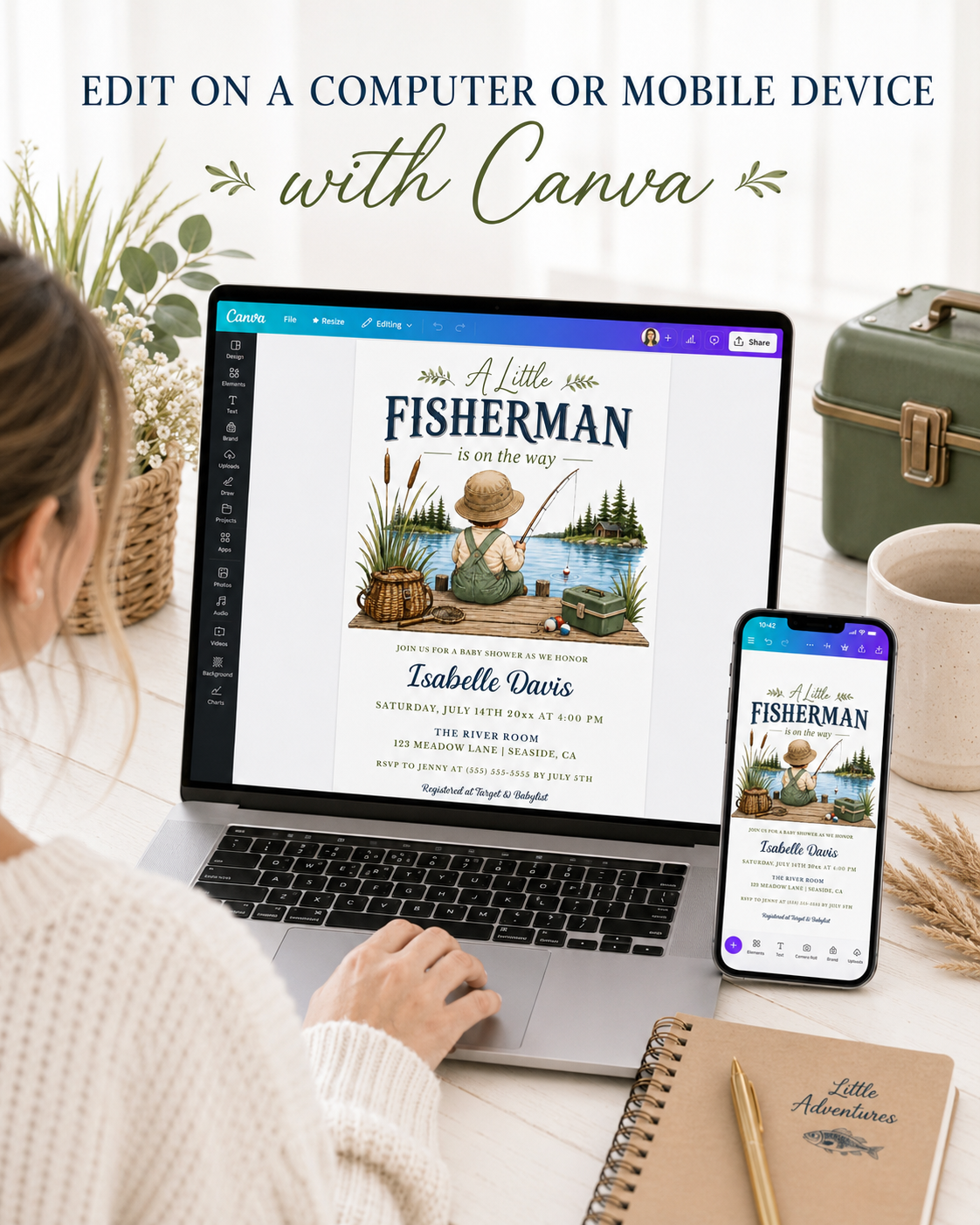 Gone fishing baby shower invitation with a little boy fishing on a dock by a lake in navy and green