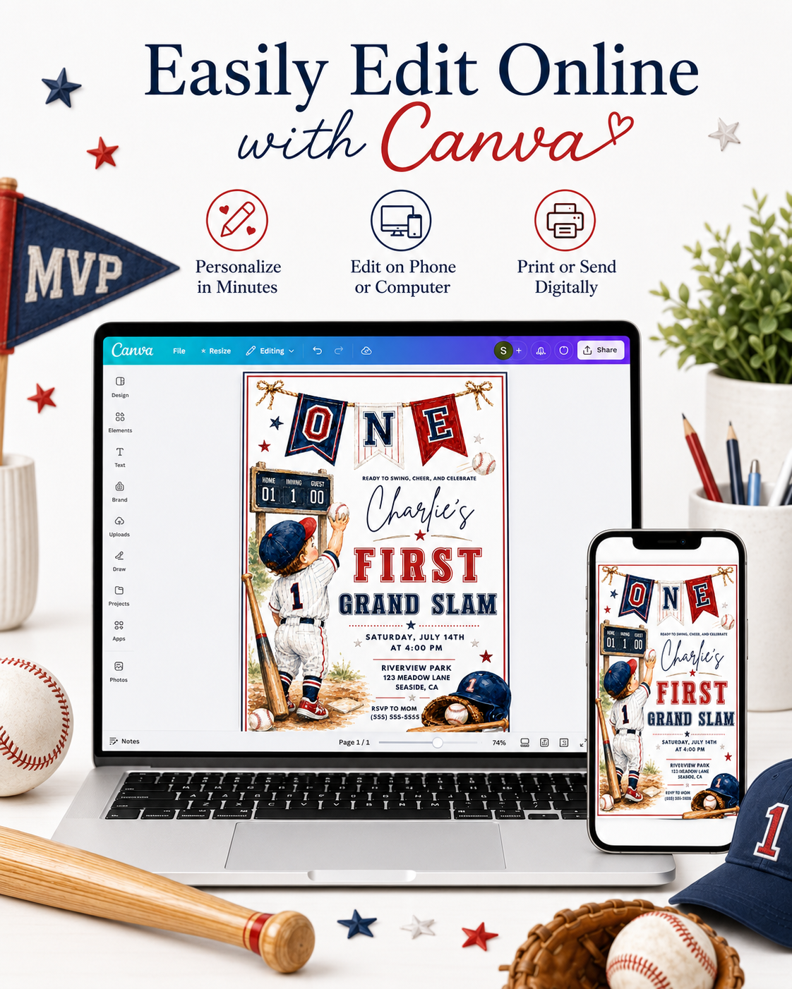 Baseball first birthday invitation featuring a little boy in a baseball uniform, ONE banner, scoreboard, bat, glove, helmet and red and navy details.
