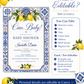 Italian ciao baby shower invitation with blue Mediterranean tiles and lemons in blue, white, and yellow