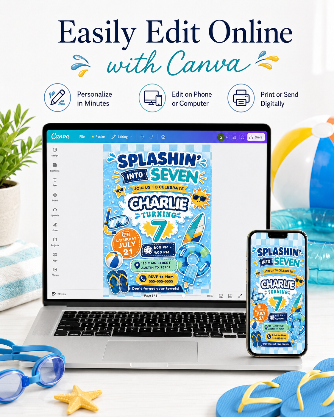 Splashin’ into seven birthday invitation with blue water splashes, swim goggles, surfboard, float tube, beach ball, flip flops, and pool party details