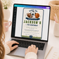 All star sports birthday invitation with a football, soccer ball, basketball, and baseball in navy and green