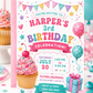 Cupcake birthday invitation with pink frosted cupcake, sprinkles, balloons, party banner, gift box, stars, confetti, hearts, and colorful pastel details