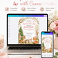 Woodland baby girl shower invitation with deer, fox, bunny, hedgehog, owl, pink flowers, leafy branches, mushrooms, birdhouse, and soft forest details