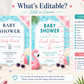 Tropical flamingo baby shower invitation with a flamingo float, beach ball, and heart sunglasses in navy, pink, and aqua