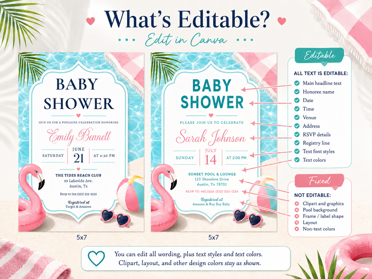 Tropical flamingo baby shower invitation with a flamingo float, beach ball, and heart sunglasses in navy, pink, and aqua