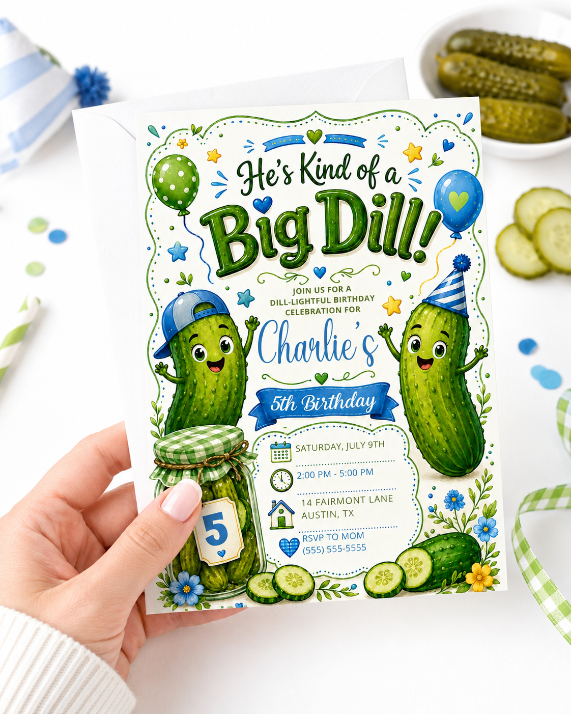 Boys Big Dill birthday invitation featuring cute pickle characters, pickle jar, balloons, party hat, blue and green details and sliced pickles.
