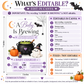 A Baby Is Brewing baby shower invitation with bubbling cauldron, pumpkin, potion bottle, ghost in witch hat, bat, crescent moon, and Halloween baby shower details