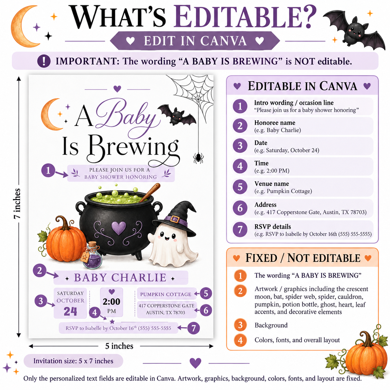 A Baby Is Brewing baby shower invitation with bubbling cauldron, pumpkin, potion bottle, ghost in witch hat, bat, crescent moon, and Halloween baby shower details