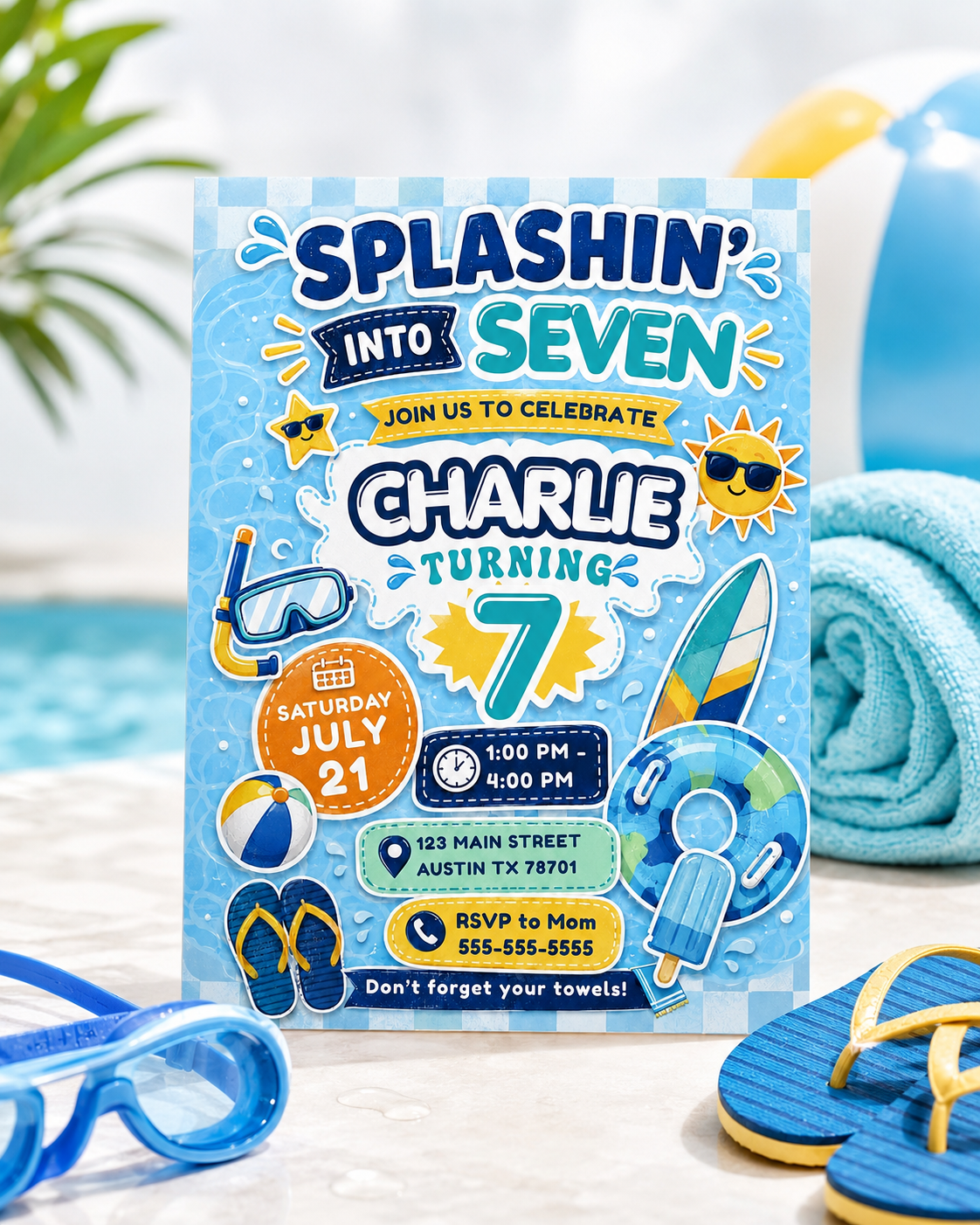 Splashin’ into seven birthday invitation with blue water splashes, swim goggles, surfboard, float tube, beach ball, flip flops, and pool party details