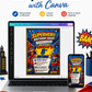 Superhero birthday invitation featuring comic book style boy and girl heroes, city skyline, POW and KAPOW graphics, stars and lightning bolts.
