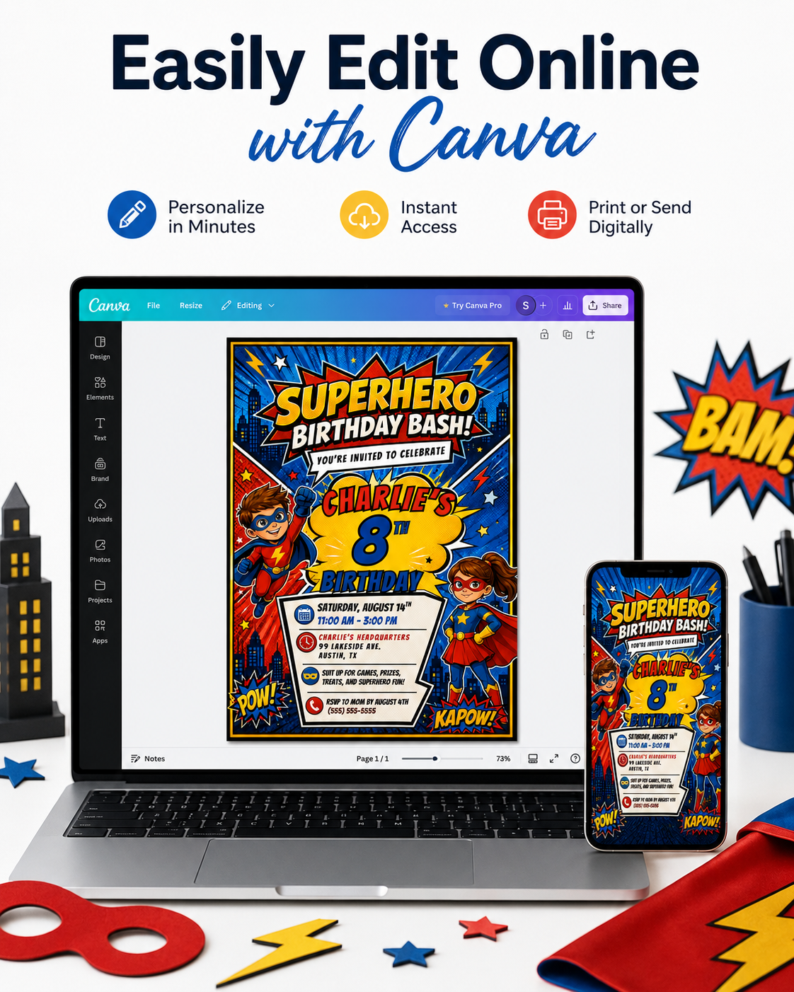 Superhero birthday invitation featuring comic book style boy and girl heroes, city skyline, POW and KAPOW graphics, stars and lightning bolts.
