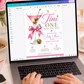 Editable martini baby shower invitation Canva template with pink martini glass, satin bow, heart-topped olive garnish, sparkle accents, and playful pink and olive green typography on a white background
