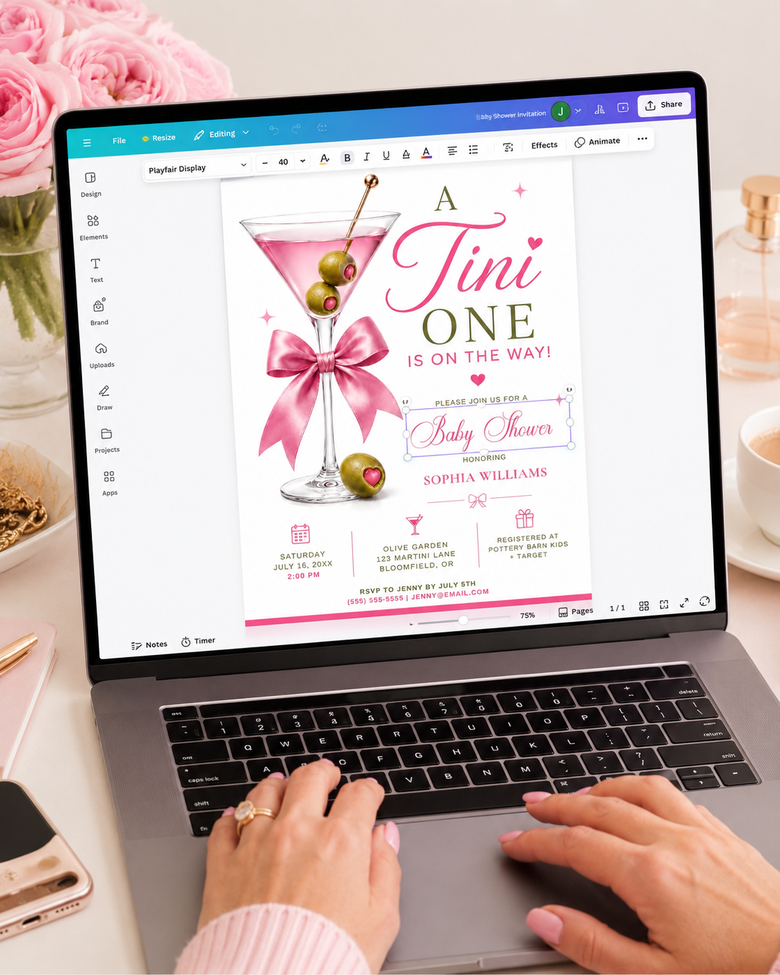 Editable martini baby shower invitation Canva template with pink martini glass, satin bow, heart-topped olive garnish, sparkle accents, and playful pink and olive green typography on a white background