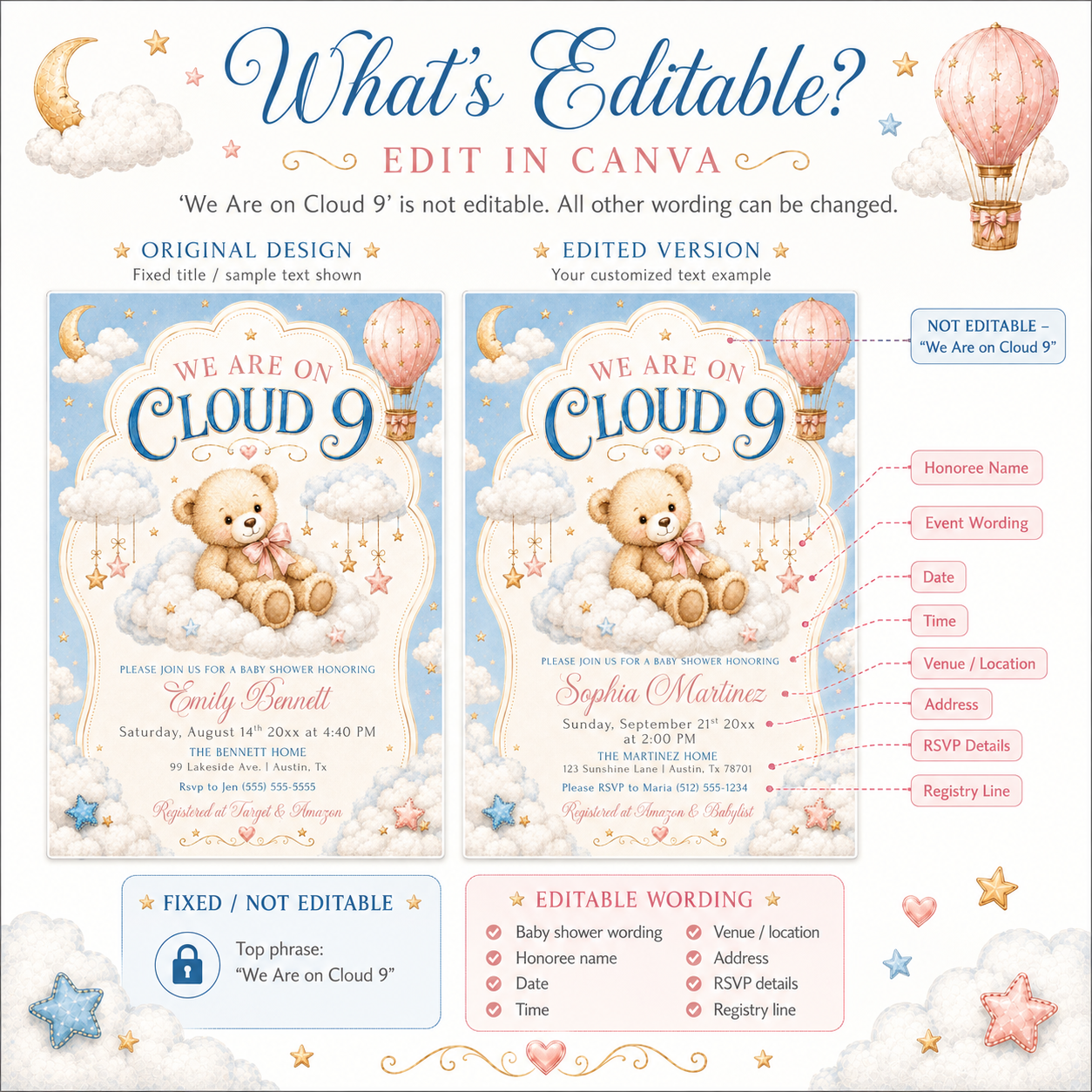 Cloud 9 baby shower invitation with a teddy bear on a cloud, hot air balloon, and stars in soft blue, pink, and gold