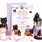 Halloween girl baby shower invitation with cute ghost, black cat, pumpkins, pink bows, bats, spiderwebs, witch hats, cauldron, and spooky-cute baby shower details