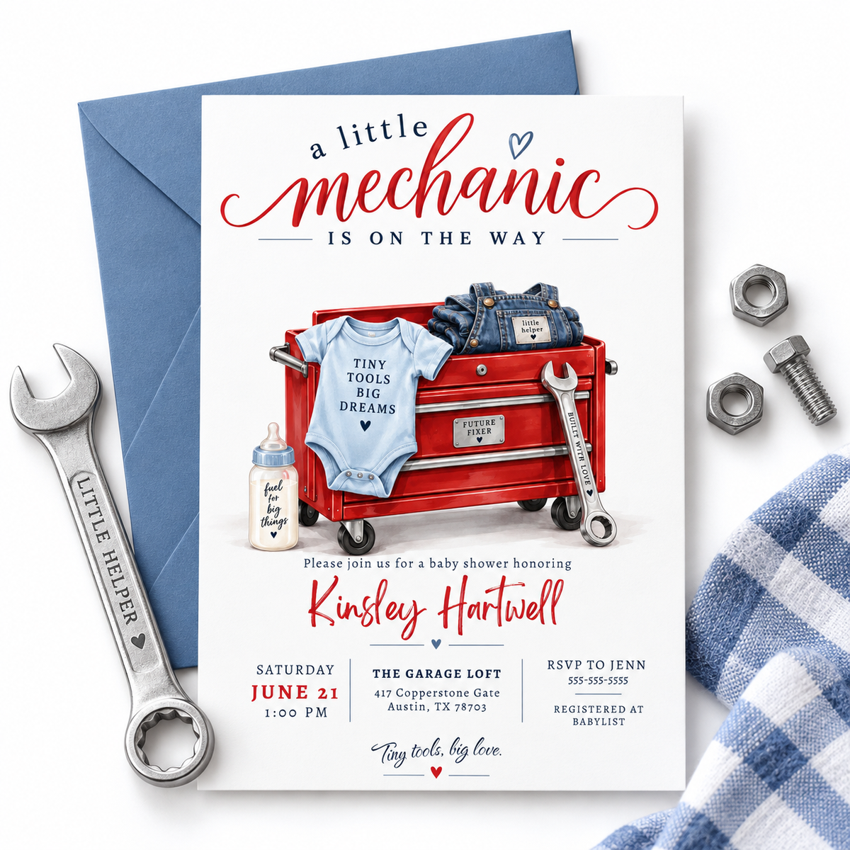 Little mechanic baby shower invitation with red tool chest, wrench, baby overalls, bodysuit, bottle, and garage-themed baby boy shower details