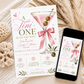 Editable pink martini baby shower invitation Canva template with gold-rimmed martini glass, satin pink bow, heart-topped olives, gold sparkle accents, and olive branch sprigs on a white background