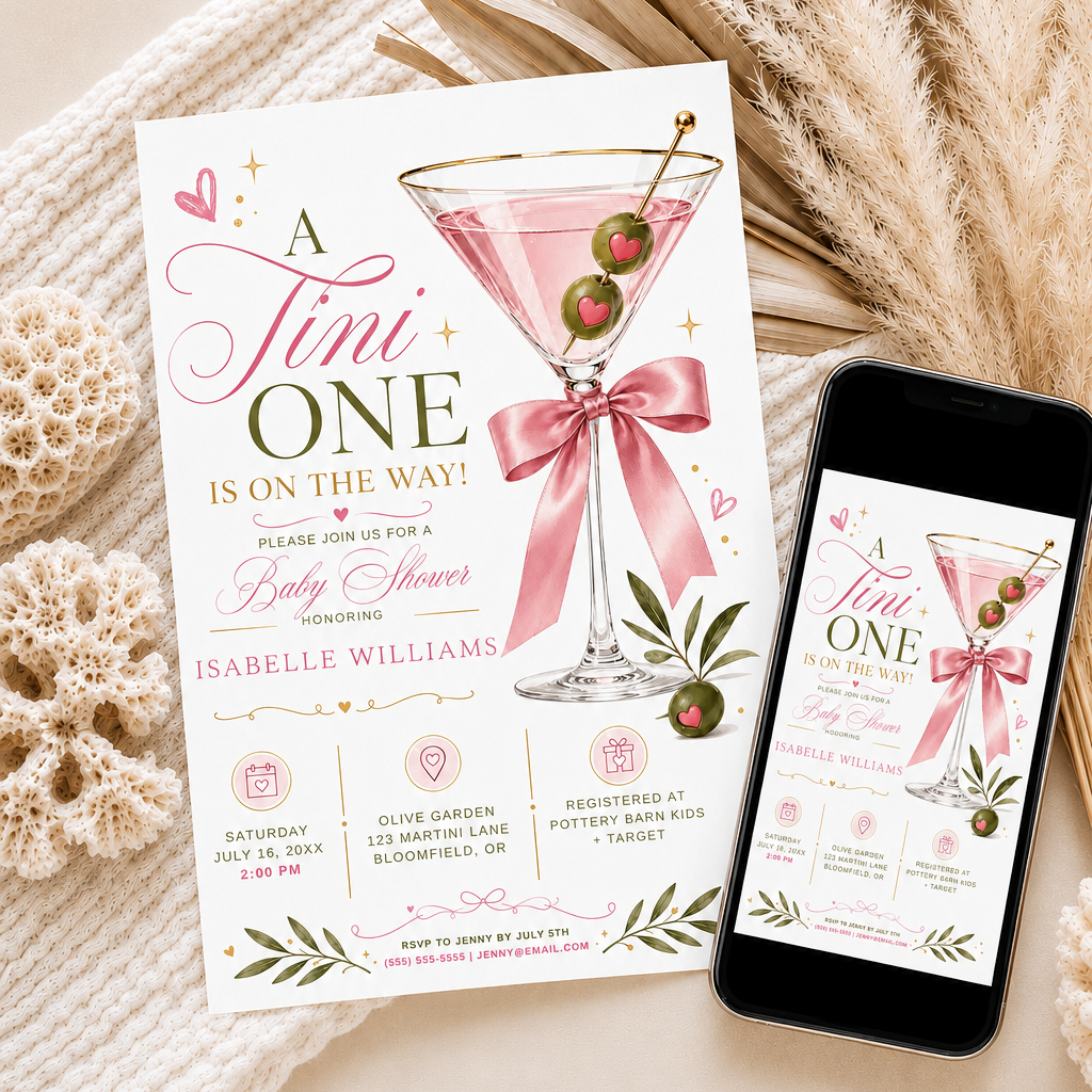 Editable pink martini baby shower invitation Canva template with gold-rimmed martini glass, satin pink bow, heart-topped olives, gold sparkle accents, and olive branch sprigs on a white background